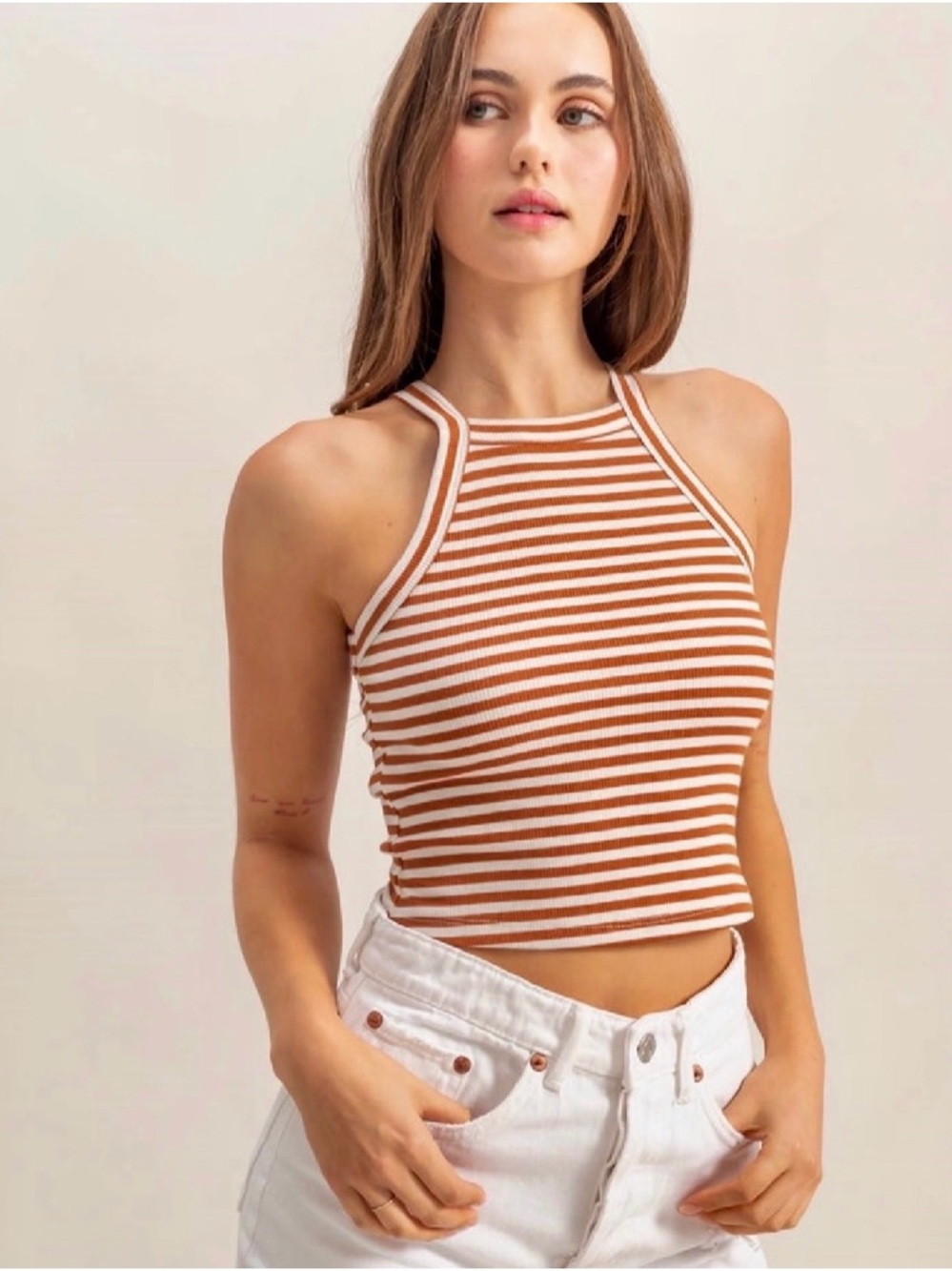 Striped Halter Tank Top in Brown and White - Women Tops